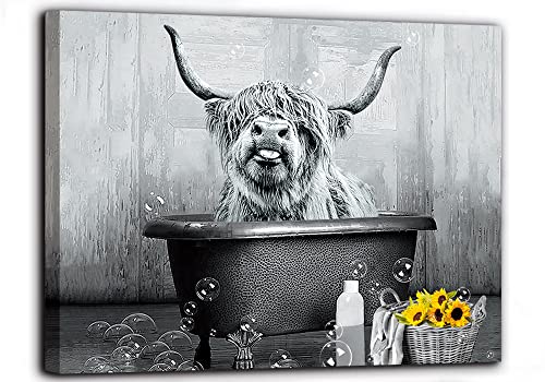 fengyuyi Highland Cow Wall Art Funny Bathroom Decor Cow in Bathtub Picture Animal Black and White Canvas Print Longhorn Farmhouse Wall Decor Stretched and Framed Ready to Hang 12x16inch