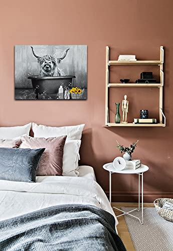 fengyuyi Highland Cow Wall Art Funny Bathroom Decor Cow in Bathtub Picture Animal Black and White Canvas Print Longhorn Farmhouse Wall Decor Stretched and Framed Ready to Hang 12x16inch