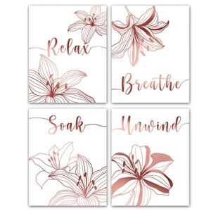 unframed relax soak unwind breathe bathroom wall decor – 8×10 inch abstract flowers rose gold foil print bathroom decor wall art, set of 4 flowers wall decor art prints for bathroom washroom room home