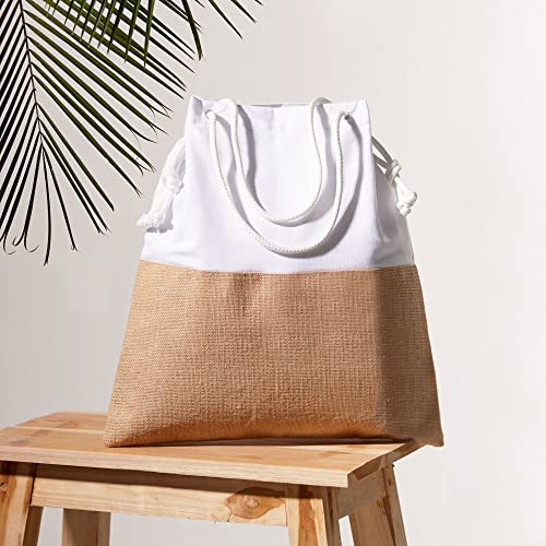 Srivilai Handcraft SRIVILAI Large Jute Canvas Shoulder Beach Bag, Stylish Two Tone Woven Natural Jute & White Canvas Boho Tote Bag, Eco-Friendly Summer Shopping Bag with Adjustable Rope Handle