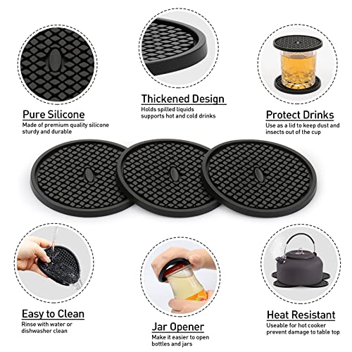 3 Pack Silicone Coasters for Drinks, Thickened Black Coasters with Deep Tray Grooved Design Cup Mat, Washable Heat Resistant Durable Non-Slip Coasters for Coffee Table Wooden Desk Kitchen Bar