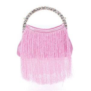 women’s crystal tassel evening clutch purse rhinestone top handle satin dressy evening party handbags pink