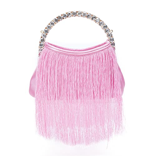 Women's Crystal Tassel Evening Clutch Purse Rhinestone Top Handle Satin Dressy Evening Party Handbags Pink