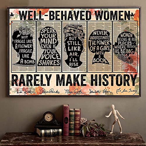 Feminist Wall Art Decor - Well Behaved Women Seldom Make History Poster - Frida, Ruth Bader Ginsburg, Rbg, Angelou, Rosa Park, Powerful Women, Women Speak Womens Rights - Unframed(18x12 inches)