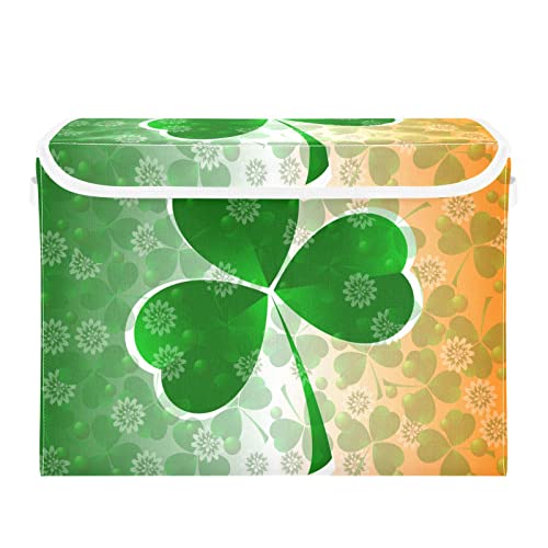 Kigai Saint Patrick Clover Green Shamrock Storage Basket with Lid Collapsible Storage Bin Fabric Box Closet Organizer for Home Bedroom Office 1 Pack