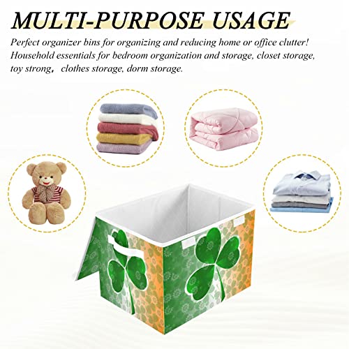 Kigai Saint Patrick Clover Green Shamrock Storage Basket with Lid Collapsible Storage Bin Fabric Box Closet Organizer for Home Bedroom Office 1 Pack