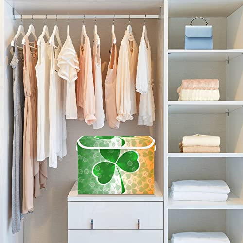 Kigai Saint Patrick Clover Green Shamrock Storage Basket with Lid Collapsible Storage Bin Fabric Box Closet Organizer for Home Bedroom Office 1 Pack