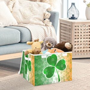 Kigai Saint Patrick Clover Green Shamrock Storage Basket with Lid Collapsible Storage Bin Fabric Box Closet Organizer for Home Bedroom Office 1 Pack