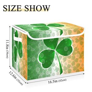 Kigai Saint Patrick Clover Green Shamrock Storage Basket with Lid Collapsible Storage Bin Fabric Box Closet Organizer for Home Bedroom Office 1 Pack