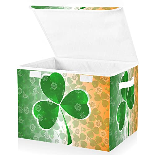 Kigai Saint Patrick Clover Green Shamrock Storage Basket with Lid Collapsible Storage Bin Fabric Box Closet Organizer for Home Bedroom Office 1 Pack