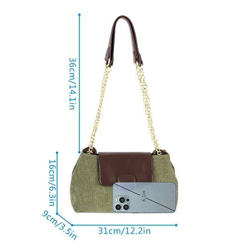 Hyuyikuwol Women Corduroy Shoulder Crossbody Bag Casual PU Small Square Satchel Purse with Chain Strap, Green