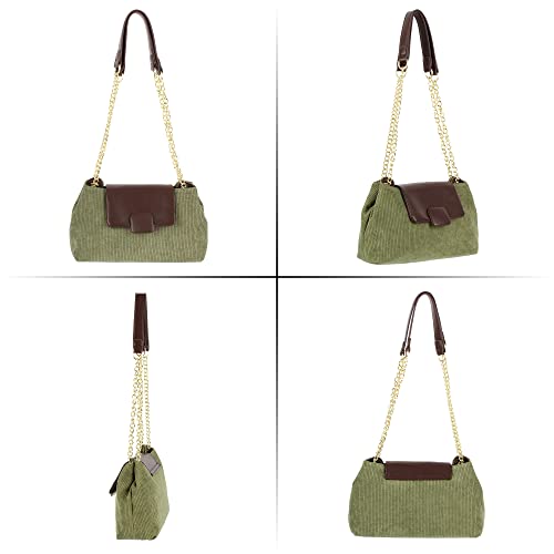 Hyuyikuwol Women Corduroy Shoulder Crossbody Bag Casual PU Small Square Satchel Purse with Chain Strap, Green