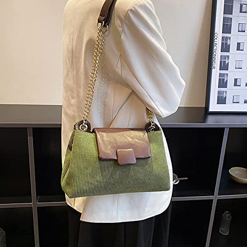 Hyuyikuwol Women Corduroy Shoulder Crossbody Bag Casual PU Small Square Satchel Purse with Chain Strap, Green