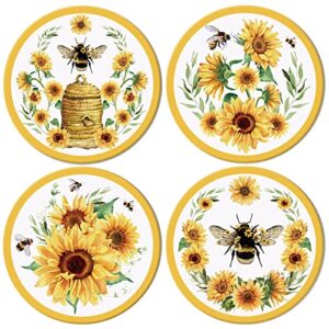 whaline vintage sunflower bee coaster 4 pack farmhouse spring summer drink coaster floral ceramic coaster cup mat for mugs cups home kitchen party supplies, 4.1 x 0.3 inch