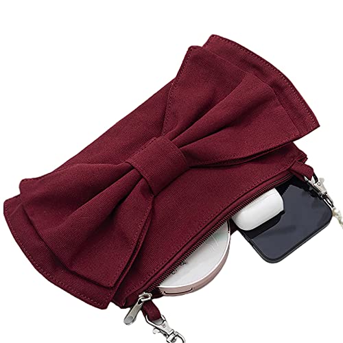 Anopo Bow Evening Clutch Purse Canvas Cell phone Shoulder Bag Pearl Handle Handbag for Women Girls Wedding Party Prom Red