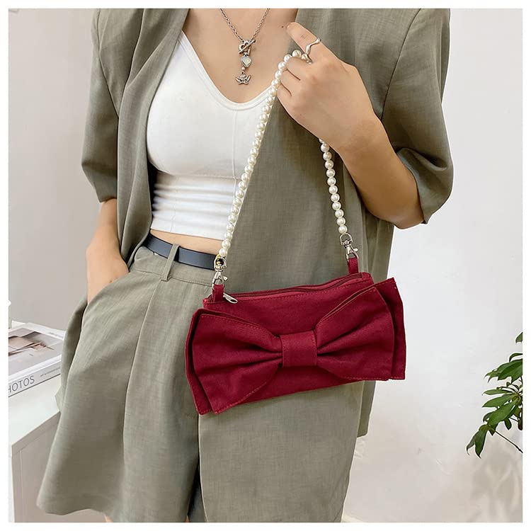Anopo Bow Evening Clutch Purse Canvas Cell phone Shoulder Bag Pearl Handle Handbag for Women Girls Wedding Party Prom Red