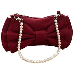Anopo Bow Evening Clutch Purse Canvas Cell phone Shoulder Bag Pearl Handle Handbag for Women Girls Wedding Party Prom Red