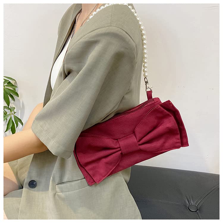 Anopo Bow Evening Clutch Purse Canvas Cell phone Shoulder Bag Pearl Handle Handbag for Women Girls Wedding Party Prom Red