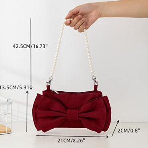 Anopo Bow Evening Clutch Purse Canvas Cell phone Shoulder Bag Pearl Handle Handbag for Women Girls Wedding Party Prom Red