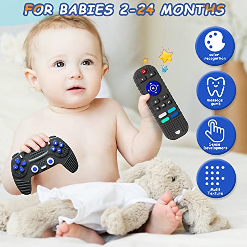 Mgtfbg 2-Pack Silicone TV Remote Control & Gaming Handle Teething Toys for Babies 6-18 Months, Boys Girls Baby Molar Teether Chew Toys Set Gift（Black)