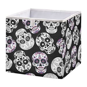 sugar skulls flowers storage bins cubes storage baskets fabric foldable collapsible decorative storage bag with handles for shelf closet bedroom home gift 11″ x 11″ x 11″