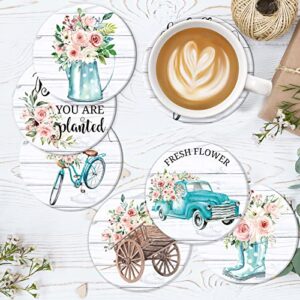 Whaline Spring Coasters 6 Pack Rustic Farmhouse Drink Coaster Truck Floral Flower Ceramic Coaster Cup Mat for Mugs Cups Home Kitchen Party Supplies, 4.1 x 0.3 Inch