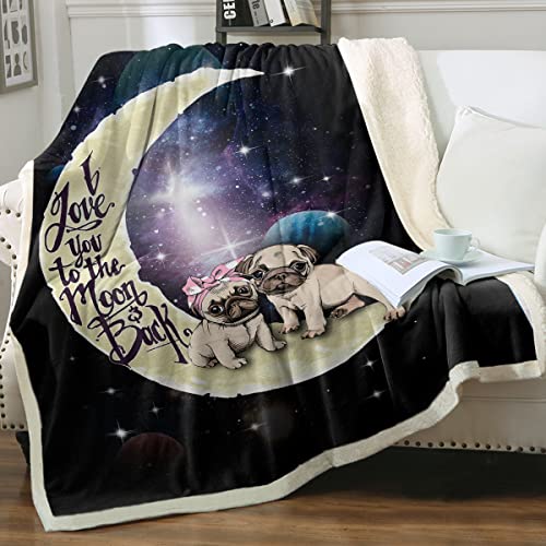 Sleepwish Galaxy Puppy Blanket Cute Pug on The Moon Valentine's Day Sherpa Blanket to The Moon and Back Pug Cozy Comfort Sherpa Blanket (Black, Throw 50"x60")