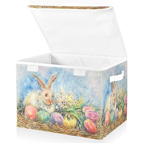 Kigai Easter Egg Storage Basket with Lid Collapsible Storage Bin Fabric Box Closet Organizer for Home Bedroom Office 1 Pack
