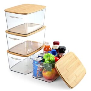 Storage Bins with Lids 4 Pack Stackable Clear Plastic Storage Bins with Bamboo Lids, Refrigerator Organizer Bins,Small Storage Containers for Organization and Storage, Sturdy and Stackable, 6.8 Quart