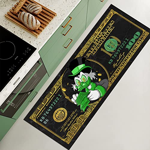 100 Dollar Bill Rug Funny Black Gold Runner Rugs Green Cartoon Duck Money Rug Inspirational Area Rugs PVC Backed Mats Carpets Laundry Room Rug Kitchen Rug Cool Rug for Bedroom Bathroom 59"x24"