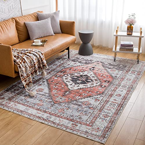 Persian Area Rug Non-Slip Machine Washable Carpet Stain Resistant Rug 3'11"x5'11" for Living Room Bedroom Dining Room Kids Nursery Office Laundry Room Decor Bathroom Kitchen Indoor (Garnet/Grey)