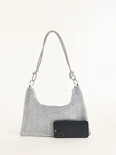 Verdusa Women's Glitter Rhinestone Hobo Handbag Evening Bag Purse Silver one-size