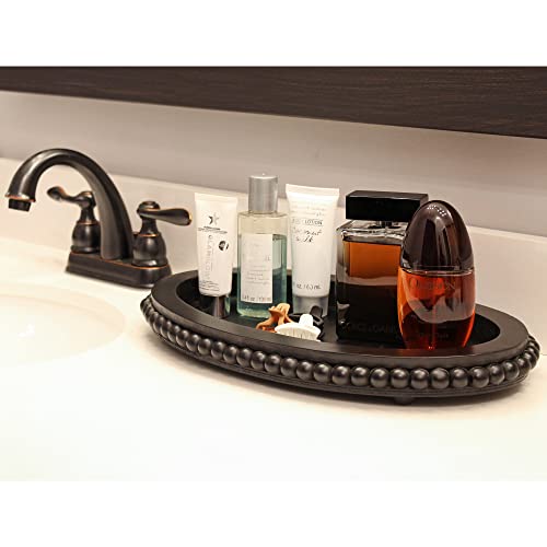 AuldHome Wood Beaded Tray (Black), Decorative Farmhouse Style Oval Wooden Tray