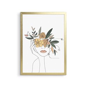 GXOBOCX Canvas Wall Art Abstract Woman Holding Face Flower on Head Illustration Modern Art Minimalist Wall Art for Living Room Bathroom Decor (Gold Framed, 12x16 inches)