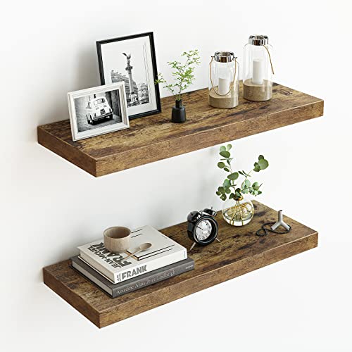 Fixwal Floating Shelves, 24 Inches Wooden Shelves for Farmhouse Bathroom Kitchen Bedroom Living Room, Set of 2 Antique Brown Floating Shelves with Invisible Brackets (23.6 x 9.5 x 1.5 Inches)