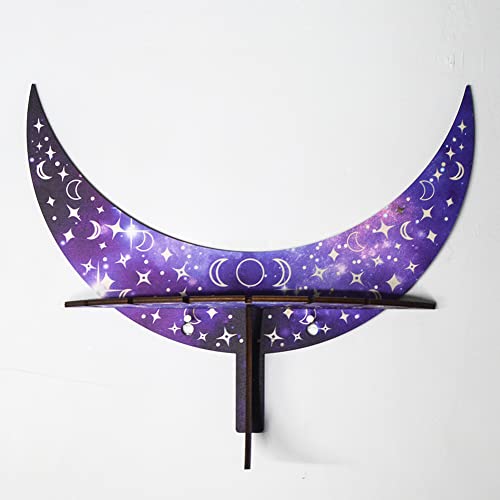 Wooden Crescent Crystal Display Shelf,Ramadan Moon Shaped Floating Wall Shelf,Shelf Display Rack for Jewelry Crystal Stone Essential Oil,Crystal Holder Wall Decor for Bedroom Living Room Purple Large