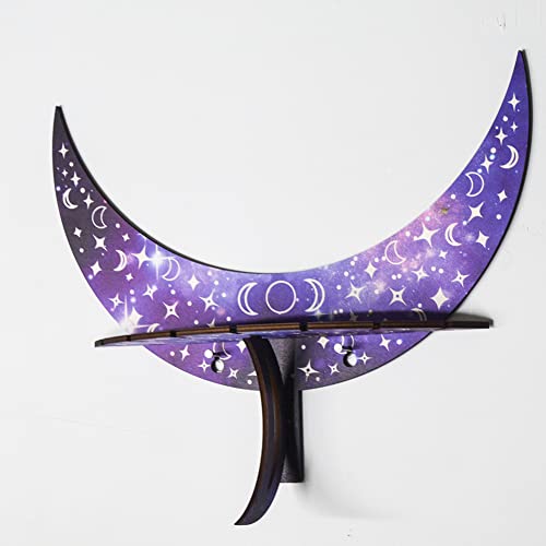 Wooden Crescent Crystal Display Shelf,Ramadan Moon Shaped Floating Wall Shelf,Shelf Display Rack for Jewelry Crystal Stone Essential Oil,Crystal Holder Wall Decor for Bedroom Living Room Purple Large