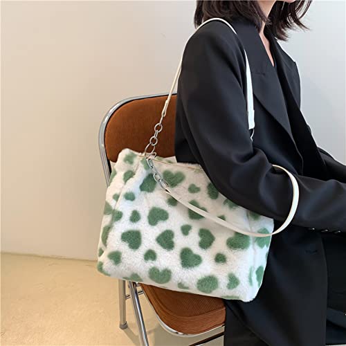 CLBDBAG Plush Women Shoulder Bags Plush Tote Bag Chain Lovely Heart Soft Ladies Handbags Fashion Large Capacity Crossbody Bag for Female Shopping