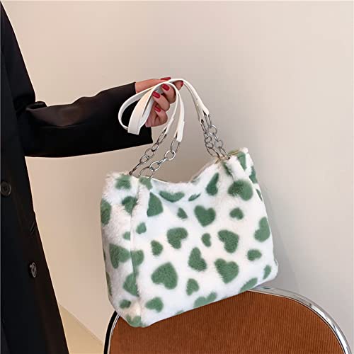 CLBDBAG Plush Women Shoulder Bags Plush Tote Bag Chain Lovely Heart Soft Ladies Handbags Fashion Large Capacity Crossbody Bag for Female Shopping