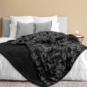 pavilia soft fuzzy faux fur bed blanket, queen tie-dye black, fluffy furry warm sherpa blanket fleece throw for bed, sofa, couch, decorative shag plush comfy thick throw blanket, 90×90