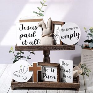 8 pieces christian easter decorations farmhouse religious easter tiered tray decor he is risen wooden signs bunny for rustic home kitchen table coffee bar decor