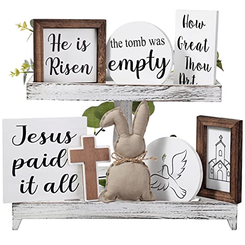 8 Pieces Christian Easter Decorations Farmhouse Religious Easter Tiered Tray Decor He Is Risen Wooden Signs Bunny for Rustic Home Kitchen Table Coffee Bar Decor