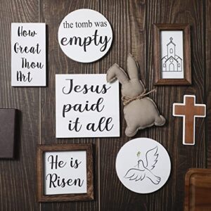 8 Pieces Christian Easter Decorations Farmhouse Religious Easter Tiered Tray Decor He Is Risen Wooden Signs Bunny for Rustic Home Kitchen Table Coffee Bar Decor