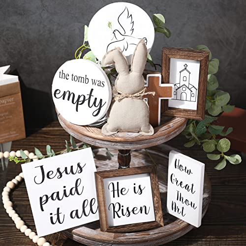 8 Pieces Christian Easter Decorations Farmhouse Religious Easter Tiered Tray Decor He Is Risen Wooden Signs Bunny for Rustic Home Kitchen Table Coffee Bar Decor