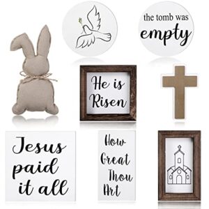 8 Pieces Christian Easter Decorations Farmhouse Religious Easter Tiered Tray Decor He Is Risen Wooden Signs Bunny for Rustic Home Kitchen Table Coffee Bar Decor