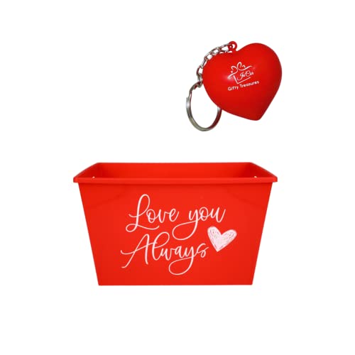 Ja'Cor (1)Love You Always Red Plastic Rectangular Bins with Handles for Wedding Valentines Day Decor Gifts Gift Baskets Storage Containers Party Favors Holiday Decorations with 1-Pc Ja'Cor Keychain