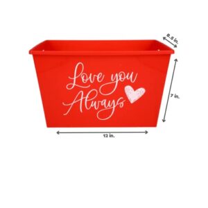 Ja'Cor (1)Love You Always Red Plastic Rectangular Bins with Handles for Wedding Valentines Day Decor Gifts Gift Baskets Storage Containers Party Favors Holiday Decorations with 1-Pc Ja'Cor Keychain