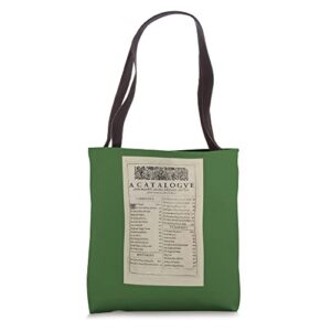 anniversary table of contents shakespeare first folio plays tote bag