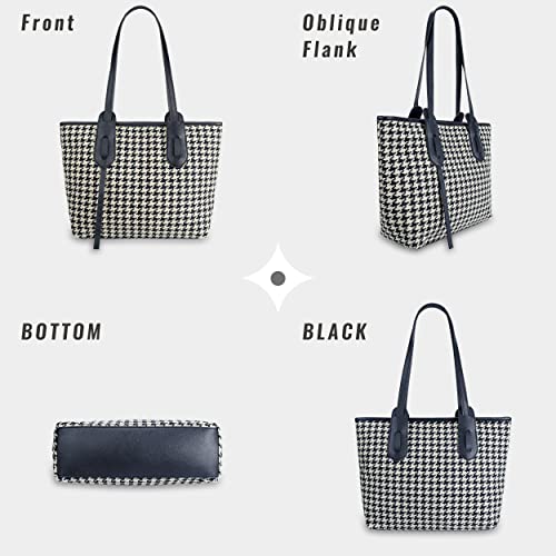 Whale Power Tote Bag for Women Houndstooth Shoulder Handbags Medium Size Purses with Zipper Black