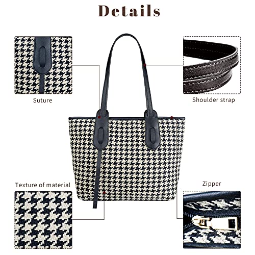 Whale Power Tote Bag for Women Houndstooth Shoulder Handbags Medium Size Purses with Zipper Black